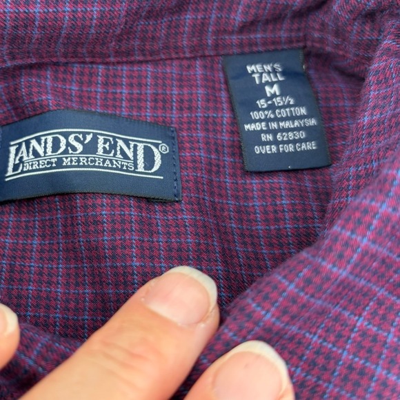 Lands' End Men's Tall Plaid Button Down Long Sleeve Shirt Burgundy TALL M NEW - Picture 4 of 7